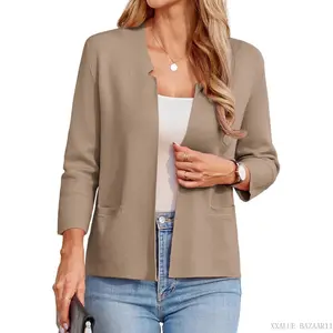 Women Sweater Blazer 3/4 Sleeve Cropped Cardigan Lightweight Notch Collar Knit Blazer Jacket Business CasualXXALUE BAZAAR11