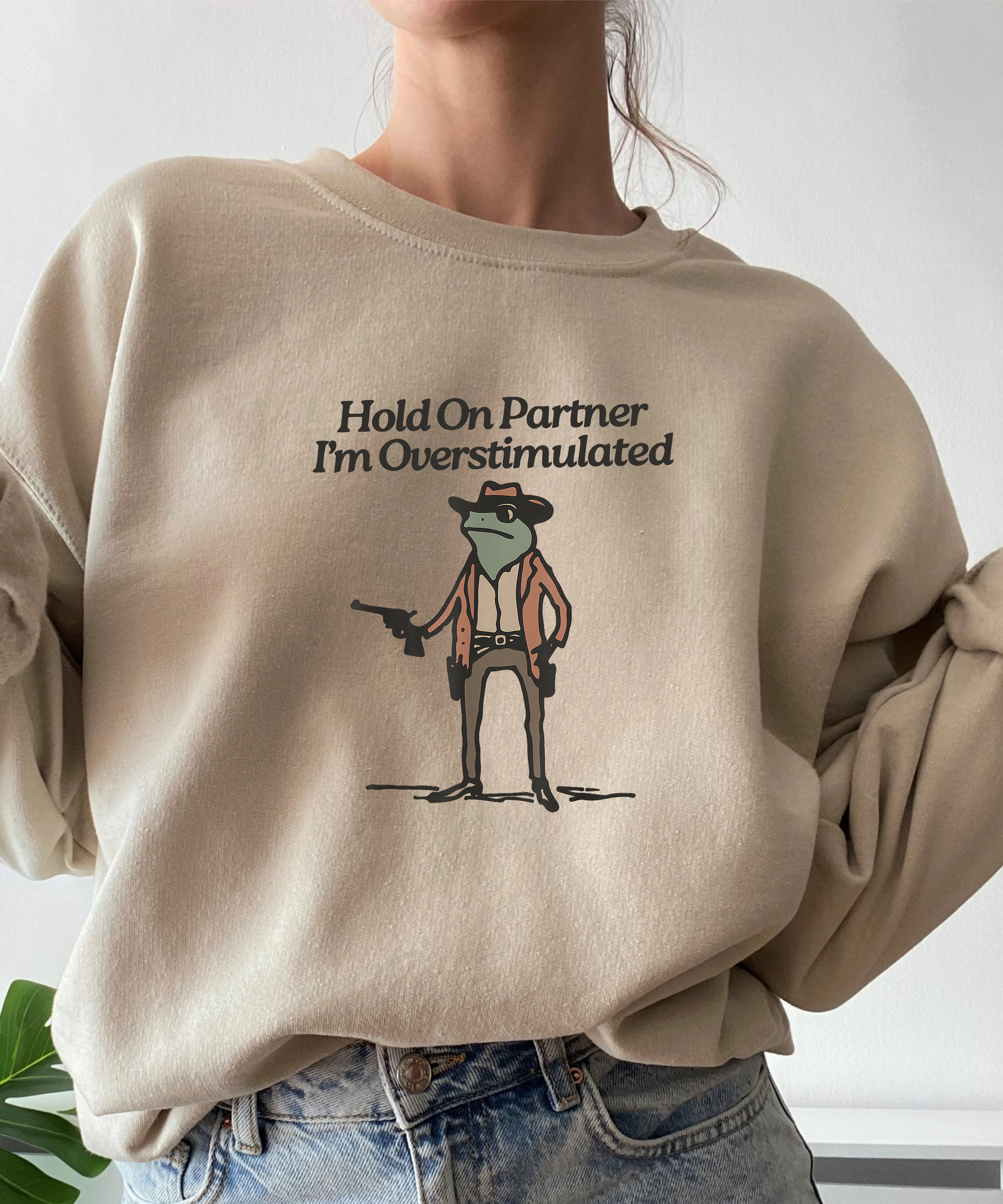 Hold On Partner Im Overstimulated Sweater, Frog Sweatshirt, Frog Lover Gift, Cowboy Frog Hoodie, Funny Frog Gift, Sarcastic Sweater, Frog Crewneck