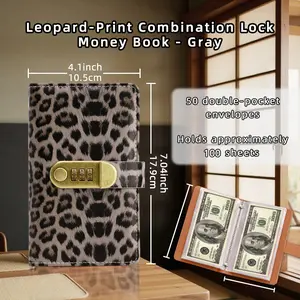 Leopard Print A6 Combination Lock Money Book Cheque Holder Holds 100 Bills Receipts Cash Secure Coin Pouch Vintage Style for Home Office School Financial Management