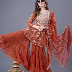 Memorial day  sale. Real Modelling Designer Party Wear Look Top-Sharara and Dupatta with Heavy Embroidery Work, Formal Women's Wear - Womenswear