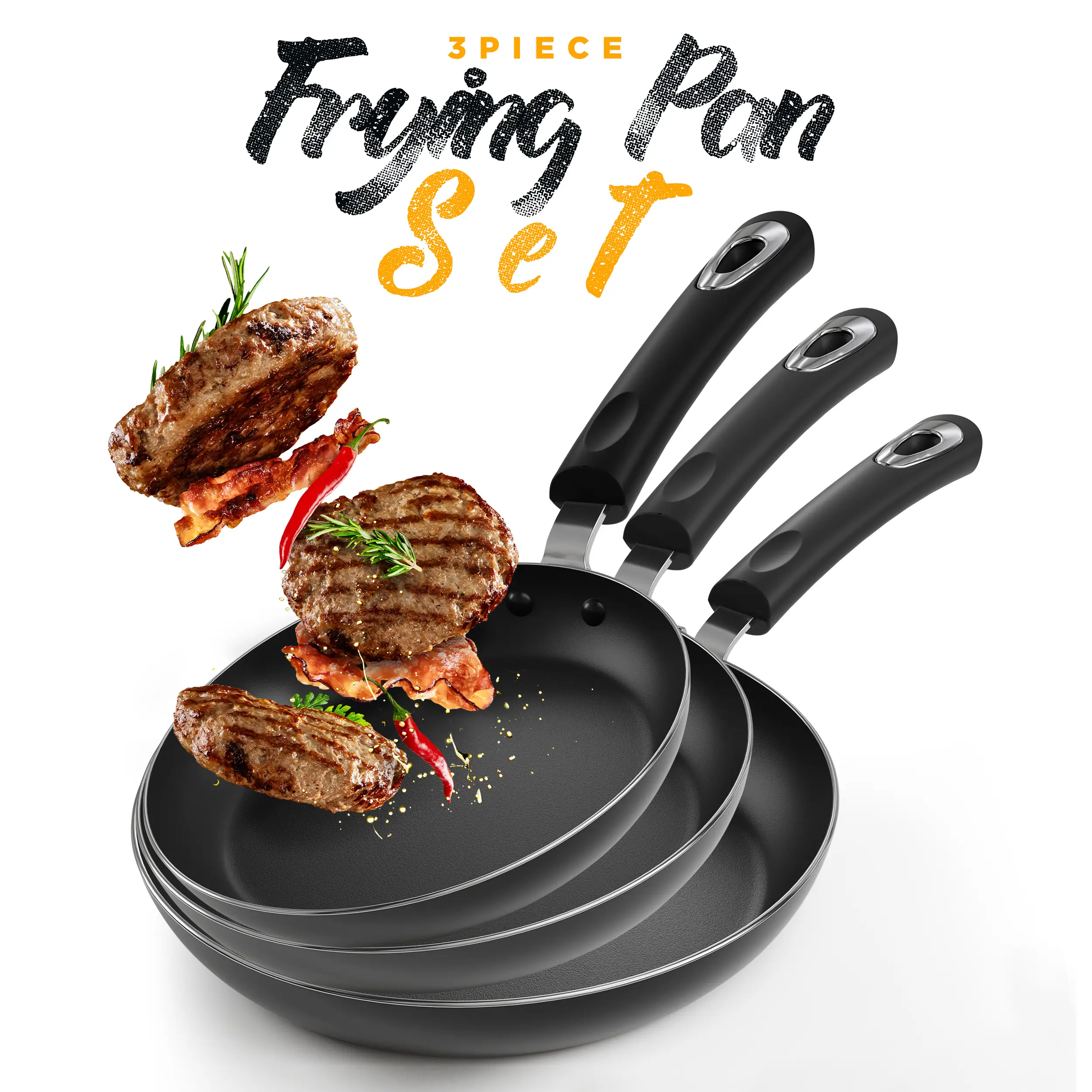 Utopia Kitchen 3 - Piece Non-Stick Frying Pan Set – Includes 8", 9.5", & 11" Pans with Induction Bottom Durable Nonstick Coating, Handle for Comfort,