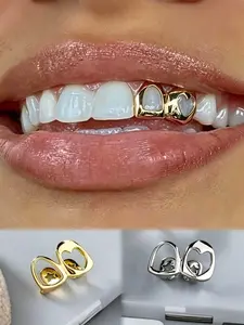 2pcs Dual Tooth Grillz with Complex Heart Pattern, Unisex Dental Jewelry, Millennium Hip-Hop Style, Perfect for Daily, Parties and Events, Teeth Cover Girls