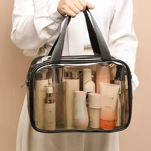 Clear Double-layer Travel Makeup Bag for Summer Makeup, 1 Count Large Capacity Portable Cosmetic Bag Toiletry Bag, Wet & Dry Uses Zipper Makeup Pouch, Travel Cosmetic Bags