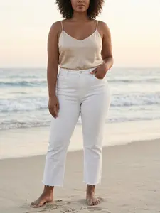 Women's Plus Size Straight Leg Jeans, Nine-Inch Denim Jeans, All-Season Casual Wear, Elastic Comfortable Fabric, Summer Essential