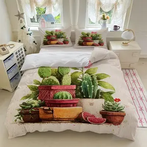 3pcs Cactus Flower Leaf Pot Plant Red Brown White Pink Green bedding set (1*Duvet Cover + 2*Pillowcase, Without Core)+Soft comfortable and breathable Suitable for bedroom guest room hotel dormitory rooms