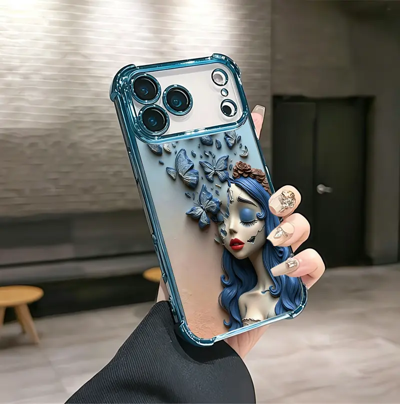 Vintage Custom Blue Corpse Bride 3D Aesthetic Pattern Smartphone Cover, Soft Silicone TPU Shockproof Protection Accessory for iPhone 12-17 Plus Pro Max Ultra & Samsung 22-25 Plus Pro Max Ultra