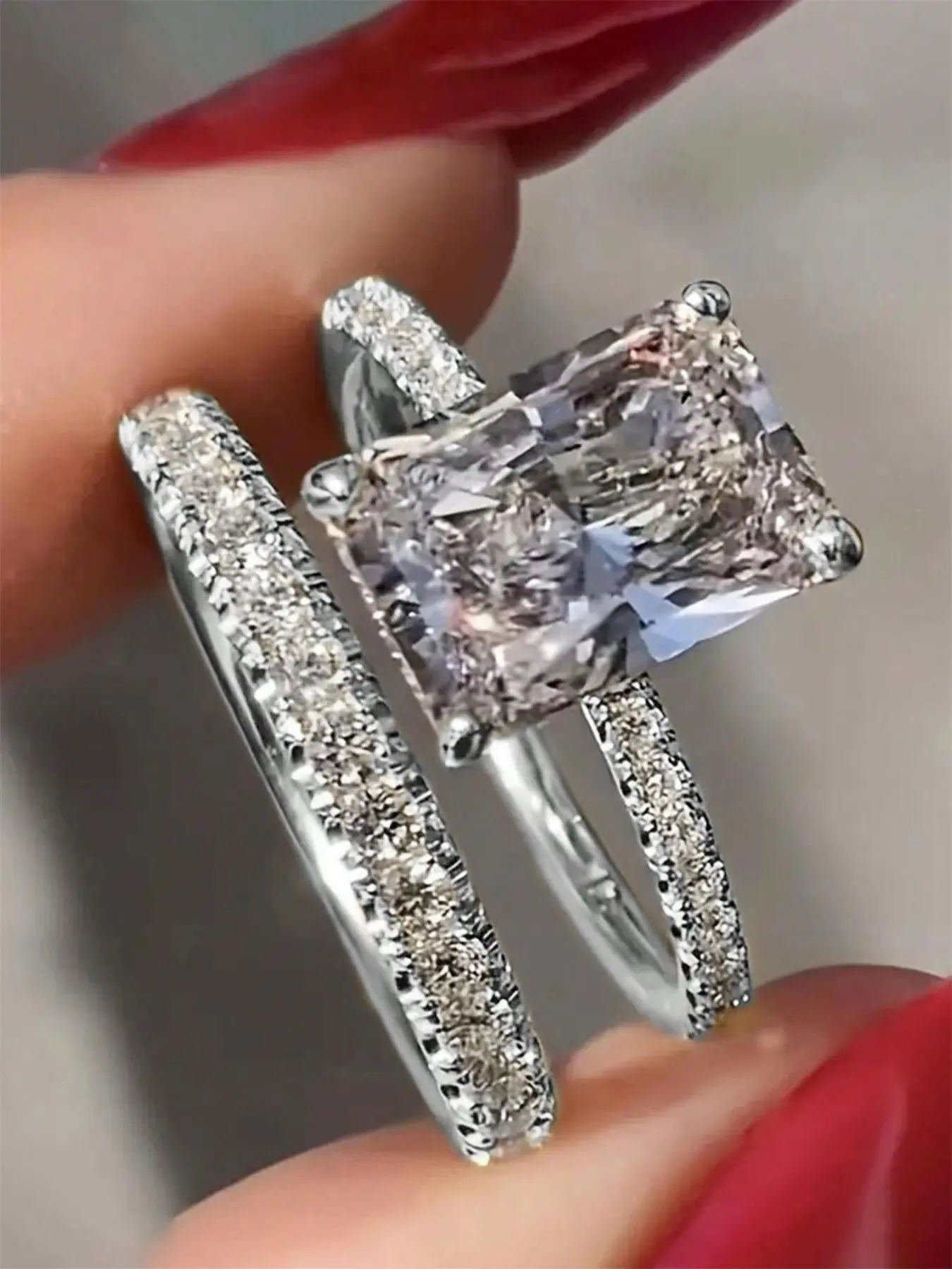 2 Pcs/Set Pretty Cubic Zirconia Bridal Solitaire CZ Stackable Engagement Ring Set Matching Rings For Women Stackable Finger Rings For Wedding Engagement Party Jewelry Valentine's Day Gift Solitaire Stackable Rings