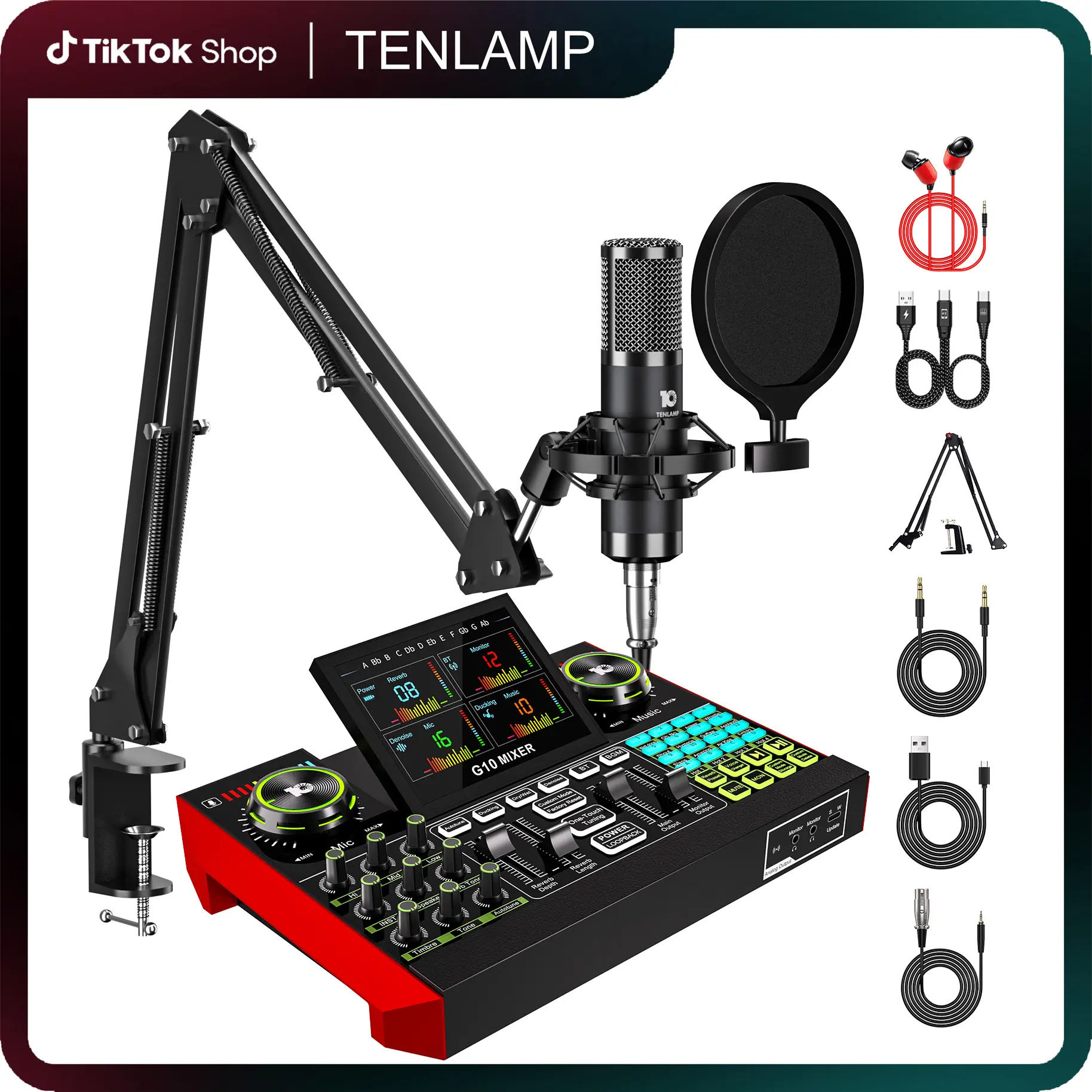 Tenlamp G10-P15 Sound Card Kit - Electronic Audio Interface, Amplifier Mixer, Condenser Microphone with Customizable Sound Effects, 2-Level Noise Reduction, Voice Changer for Gaming Streamers, Content Creators