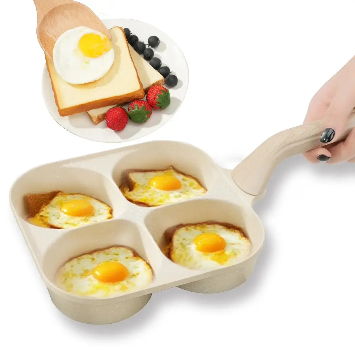 Non-stick Egg Frying Pan, 4 Hole Skillet with Handle, Breakfast Egg Toast Bread Cooking Pan, Granite Nonstick Surface, Mini Omelet Pancake Maker for Gas Stove & Induction Cooktop Kitchen