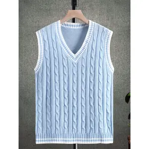 [Black Cable Knit Sweater] Lightweight Black Cable Knit Sweater Vest - Casual V-Neck, Sleeveless Pullover for Spring/Autumn, Acrylic Fabric, PLUS SIZE
