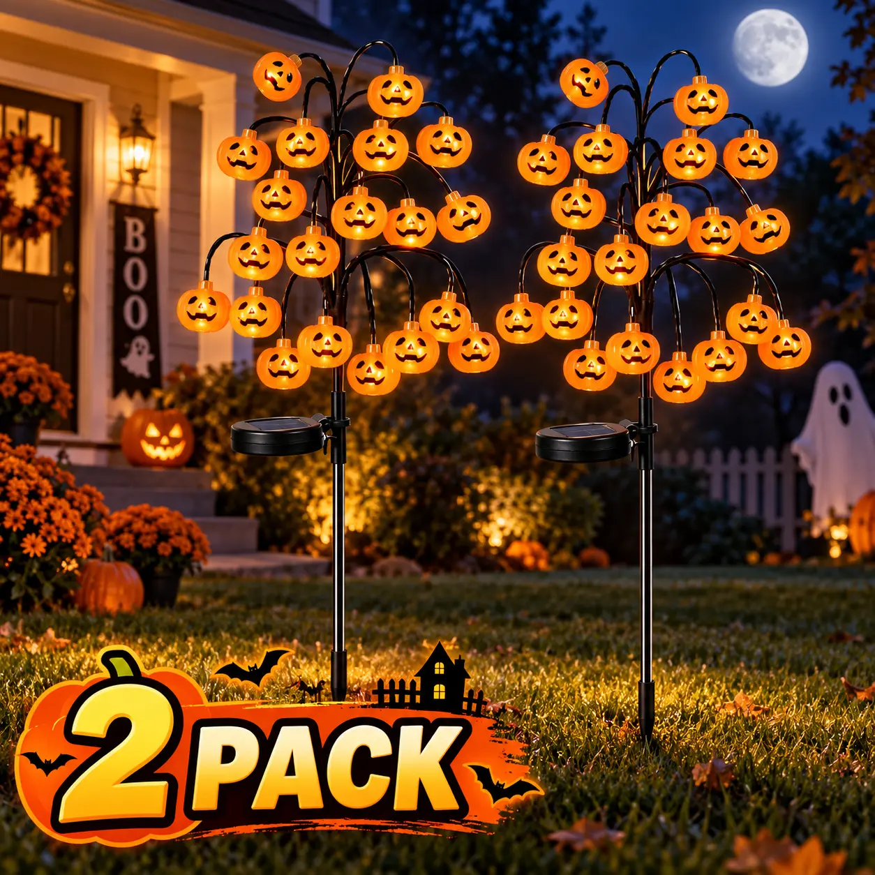 Spooky 40-LED Solar Pumpkin Stake Lights Set of 2, ABS Plastic Pumpkin Faces, Waterproof Outdoor Halloween Yard Garden Decor, Festive Fall Party Supplies