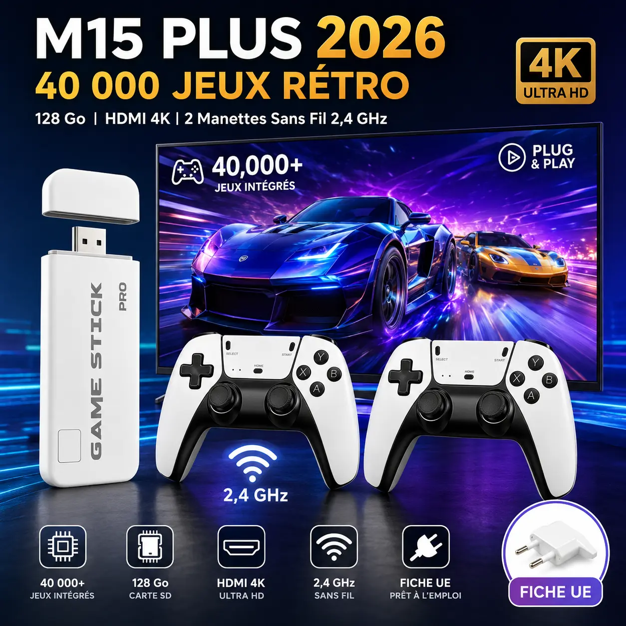 Retro Game Console, handheld gaming console，40000+ Preloaded Classic Games with 23 Emulators, 4K HD HDMI Output, Dual Wireless Controllers, Plug & Play Portable Gaming Stick, Ideal Gift for Men, Boyfriend, Christmas & Black Friday