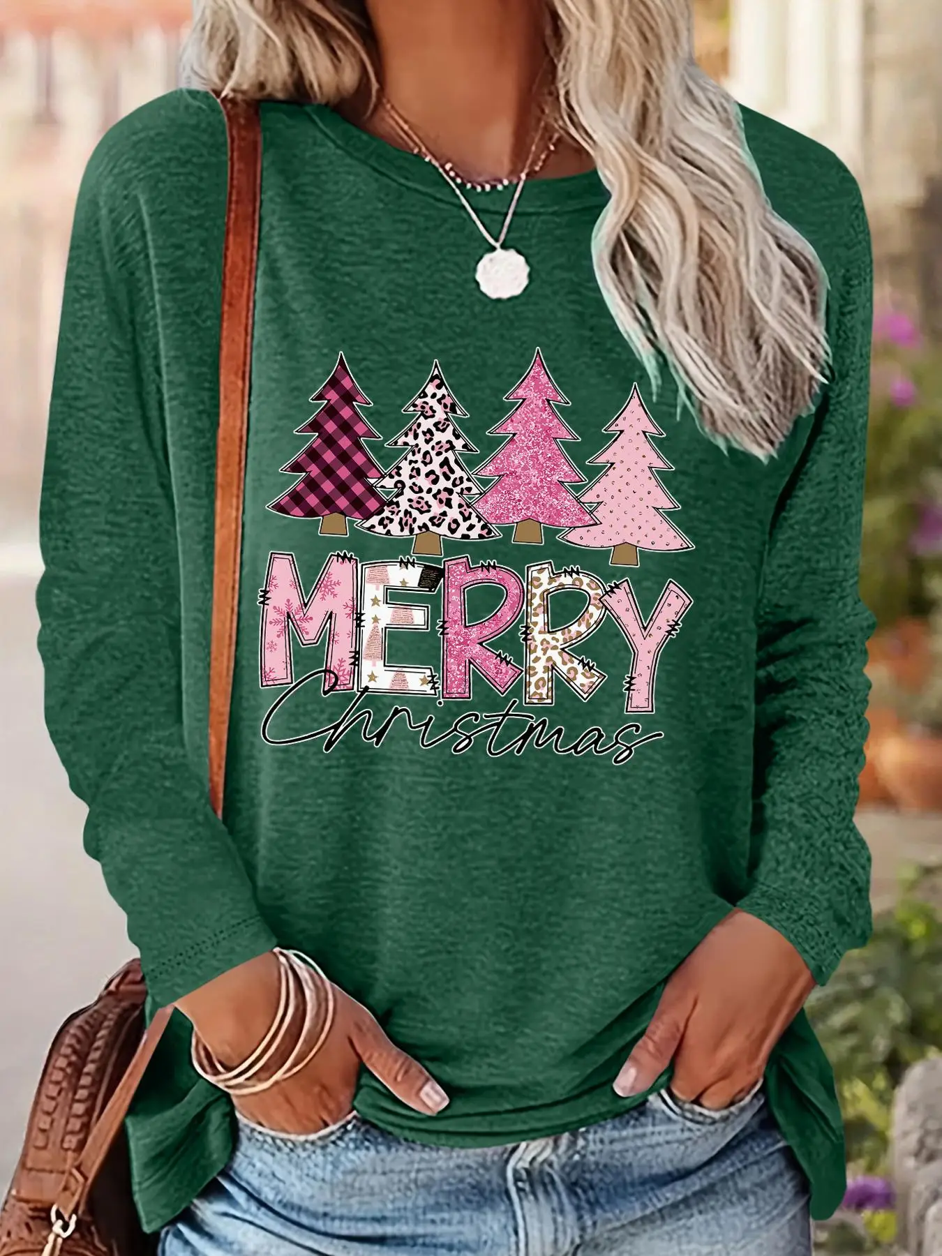 Women's Tree & Letter Print Drop Shoulder Tee, Casual Boho Breathable Long Sleeve Round Neck Tops for Daily Wear, Ladies Fall & Winter Clothes, Valent