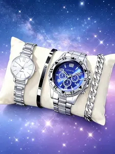 4-piece silver men's and women's couple watch set - classic business and casual style, simple design, very suitable for gifting, school supplies, Halloween and Christmas decorations, gift watch set