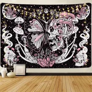 Lyacmy Skull Hippie Mushroom Tapestries Aesthetic Moth Moon and Stars Snake Wall Hanging For Room(51.2 x 59.1 inches)