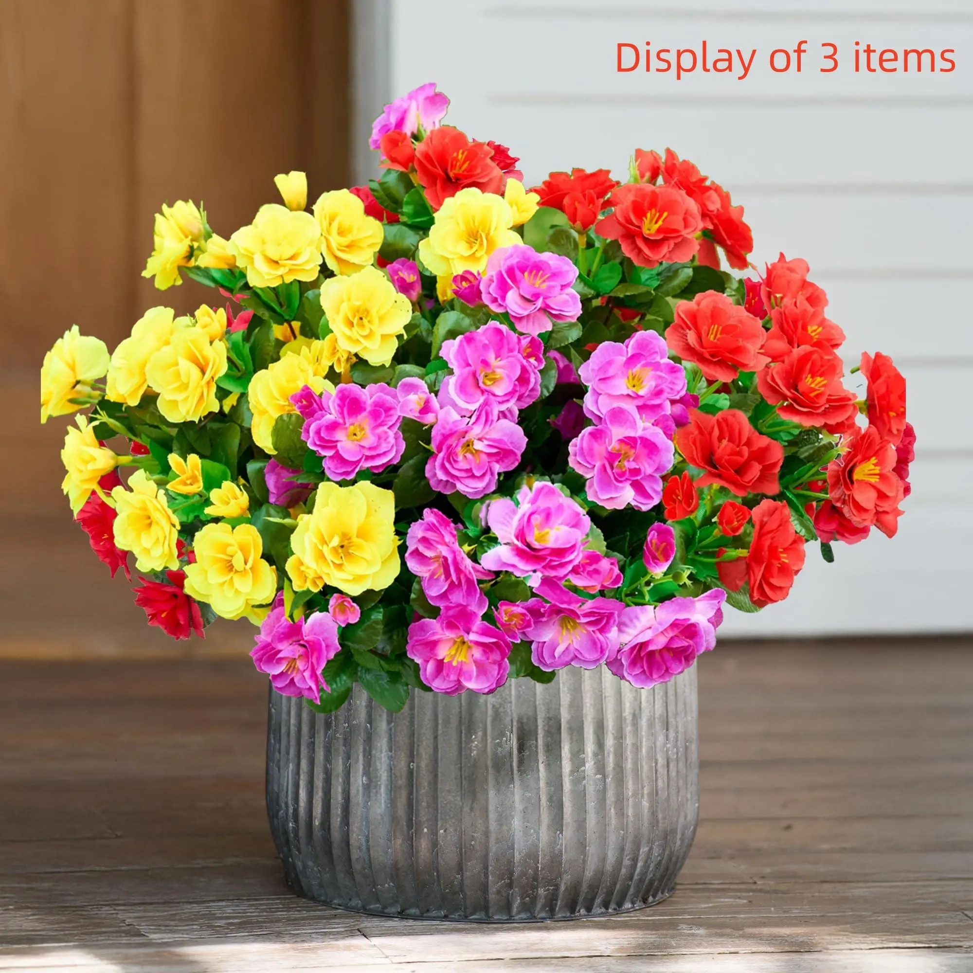 Artificial Azalea in Galvanized Bucket, 3 Counts Fake Flower Plant, Azalea Artificial Flowers, Decorative Flower for Home Garden Yard, Home Decor Supplies, Bouquet