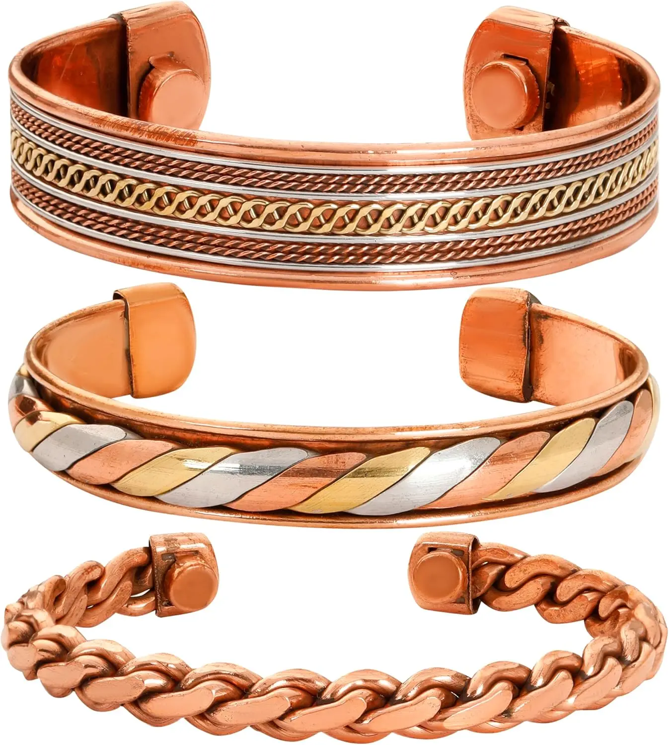 Pure Copper Bracelet Set Of 3 Tibetan Handmade Cuff And Kada For Men And Women Adjustable Bangle (Style 10)