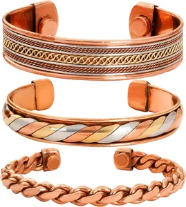 Pure Copper Bracelet Set Of 3 Tibetan Handmade Cuff And Kada For Men And Women Adjustable Bangle (Style 10)
