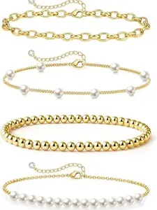 4 PCS Imitation Pearl Beaded Bracelets for Women, Bead Imitation Pearl Bracelet Stack Jewelry Sets Paperclip Link Chain Bracelet Golden Bracelets for Women Trendy Jewelry