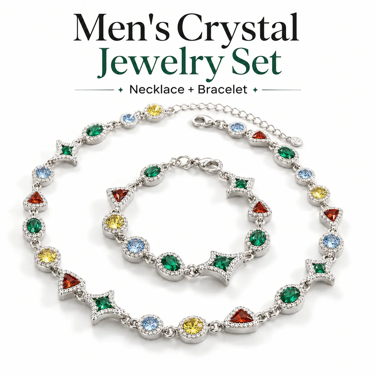 Men's Statement Rainbow Crystal Jewelry Set, Silver-Tone Adjustable Necklace (46+7cm) & Lightweight 14.4g Bracelet with Crystal Accents for a Masculine Look, Silver Bracelet, Customer Service, Daily Wear, 46 + 7 Cm, Adults, 14.4 G, 36.8 G, Adjustable Size