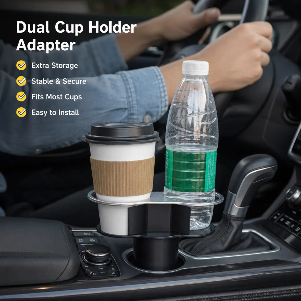 1 Count Car Dual Cup Holder, Fits Multiple Different Cup Base Sizes, for Holding Water Bottles and Beverage Cans in Car Interior