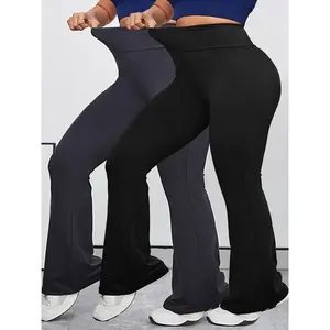 ��Plus Size�� Solid High Waist Flare Leg Sports Leggings, Sporty Comfy Breathable Bell Bottom Tummy Control? Trousers for Yoga Gym Workout Running, Women's Sport & Outdoor Clothing for All Seasons