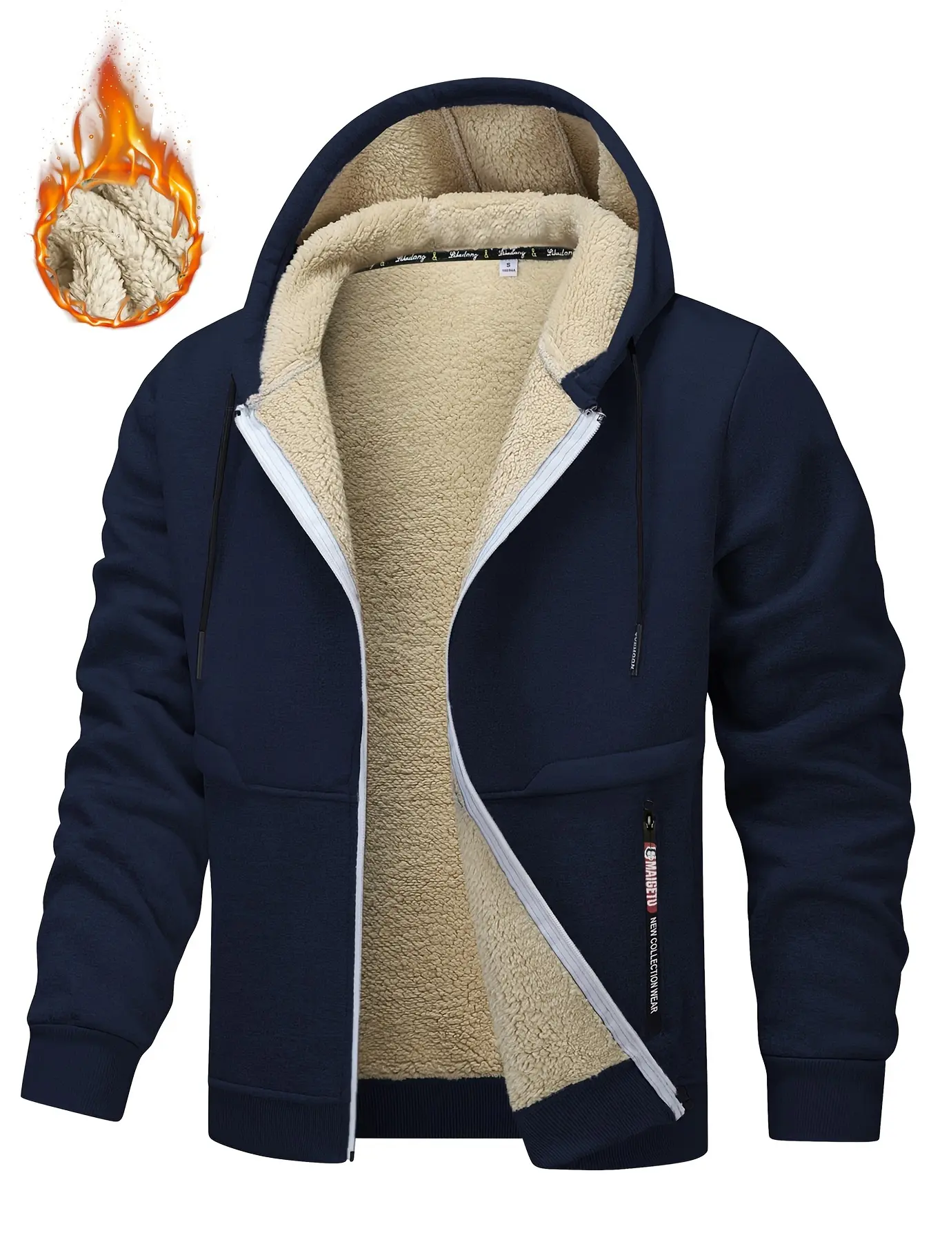 Men's Thickened Full-Zip Hooded Jacket, Warm Insulated Winter Coat with Zipper Pockets, External Zipper Closure, Non-Stretch Windproof Outerwear, Hooded Jacket for Outdoor, Gym, and Everyday Wear, Machine Washable, Stylish Menswear Beige Long Sleeve