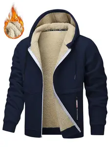 Men's Thickened Full-Zip Hooded Jacket, Warm Insulated Winter Coat with Zipper Pockets, External Zipper Closure, Non-Stretch Windproof Outerwear, Hooded Jacket for Outdoor, Gym, and Everyday Wear, Machine Washable, Stylish Menswear Beige Long Sleeve