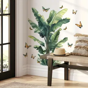Tropical Leaf & Butterfly Pattern Wall Sticker, Waterproof Self Adhesive Wall Decal, Decorative Sticker for Home Living Room Bedroom, Ornaments