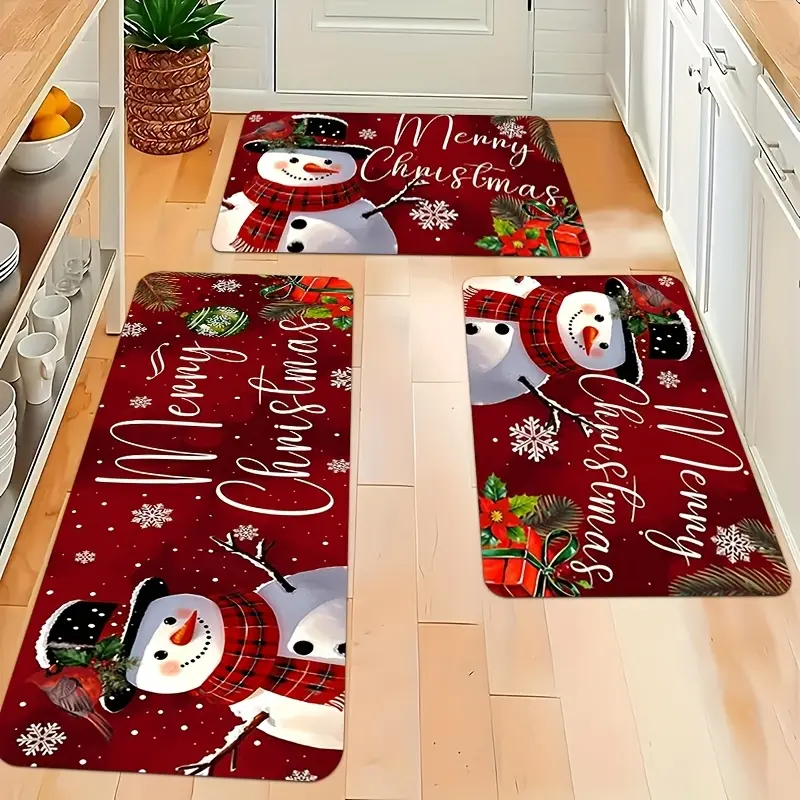 2/3pcs Christmas Rug Set, Christmas Snowman Holiday Rug,  Sponge, Flannel Material, Kitchen Rug, Lightweight Rectangle, Non-Slip, Machine Washable and Easy to Care for, Soft and Comfortable, Suitable for Bedroom