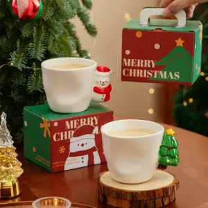Christmas Ceramic Coffee Cup, Cute Snowman Christmas Tree Handle, Porcelain Mug, 260ML Holiday Gift Box, Festive Home Decor