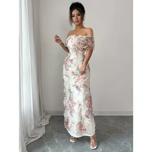 SYHAN 2026 Latest Stylish Off-Shoulder Dress for Women with Ruffles and Floral Sheer Design Highlighting the Waist Formal Womenswear