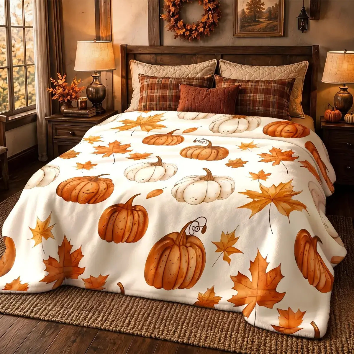 Watercolor Fall Pumpkin Maple Leaf Flannel Throw Blanket, Neutral White Orange Autumn Harvest Print Blanket, Soft Cozy Seasonal Blanket for Sofa Bed Dorm, Farmhouse Fall Home Decor Thanksgiving Gift