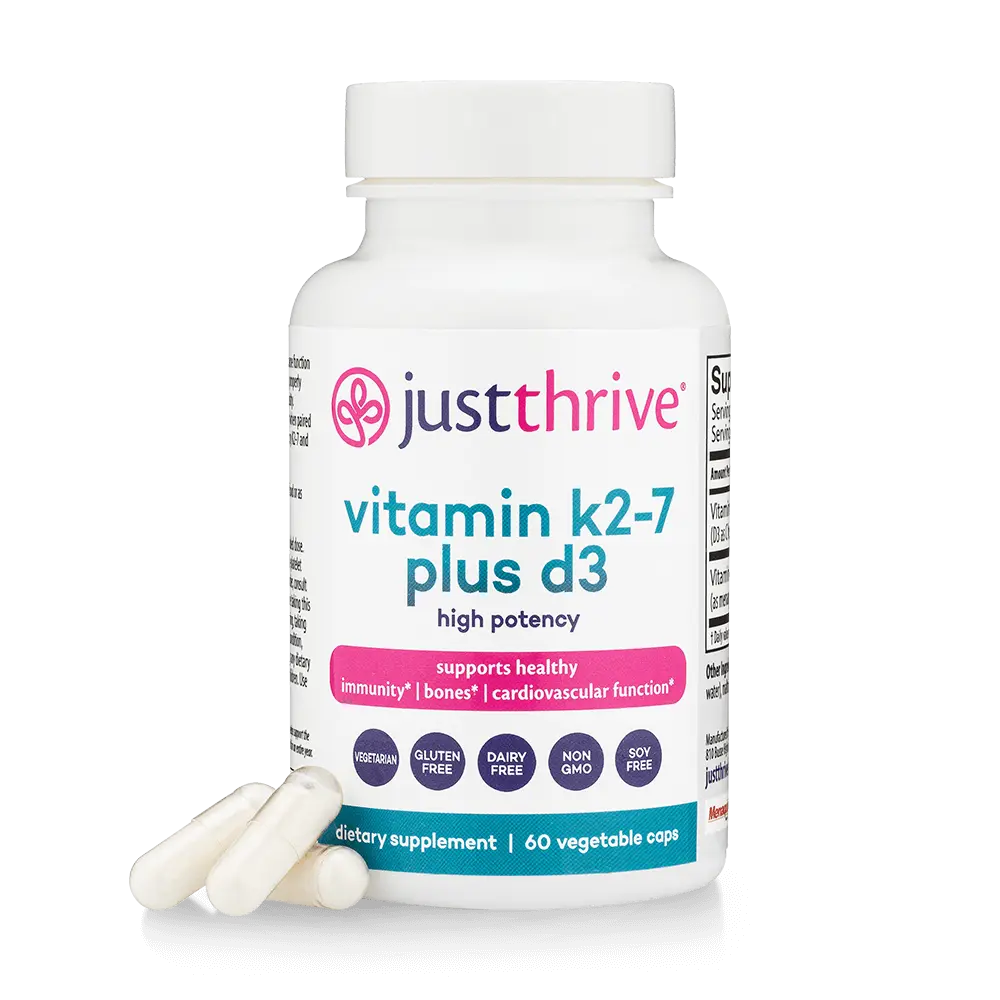 Just Thrive Vitamin K2-7 Plus D3 Supplement, 320 mcg Pharmaceutical-Grade K2-7 with Magnesium & Zinc for Heart & Bone Health, 60 Capsules - 1 Pack