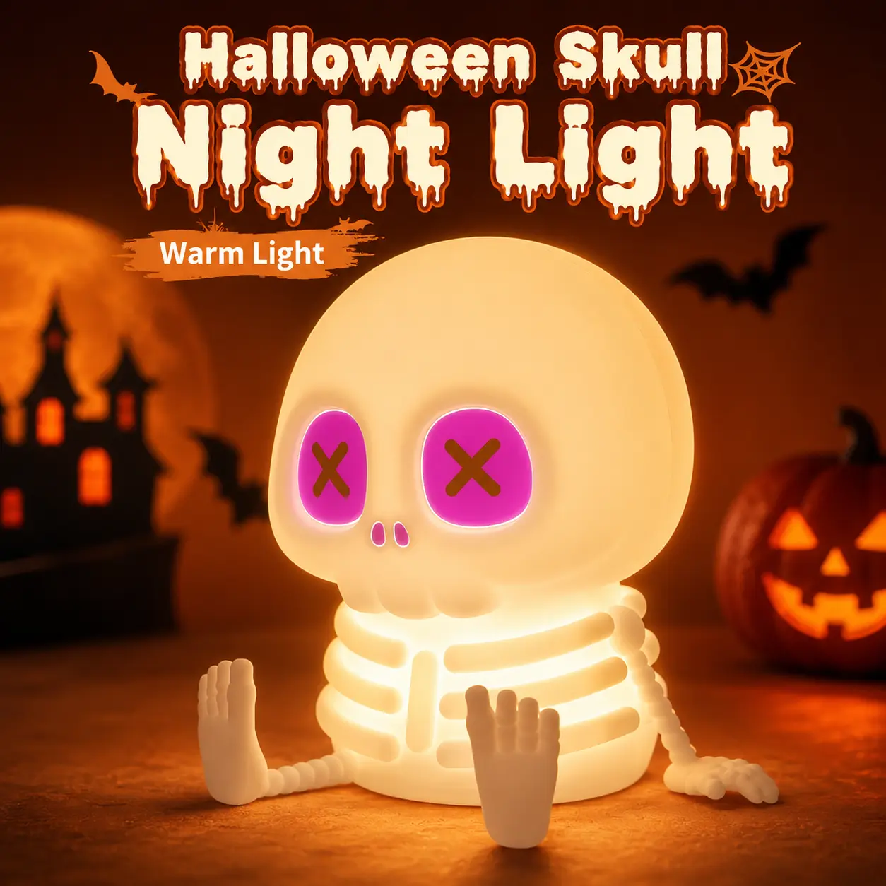 Halloween Skull Night Light, Silicone Skeleton Lamp with & Adjustable Warm Light, Touch Control LED Bedside Lamp, Halloween Room Decor, Summerween Party Decoration, Birthday & Christmas Gift - MM2