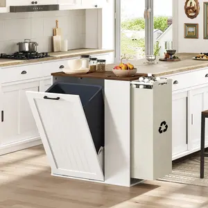 [Mother's Day Gift]YATIENY Tilt Out Trash Can Cabinet, 10 Gallon Hidden Garbage Can Cabinet with Bottle Recycling Compartment, Wooden Recycling Cabinet Trash Can, for Kitchen, Living Room, White and Walnut
