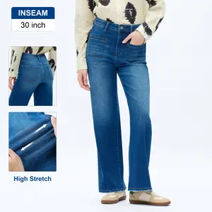 ONESO High Rise Relaxed Straight Jeans for Women with Distressed Hem Patch Pockets Zip Fly Denim