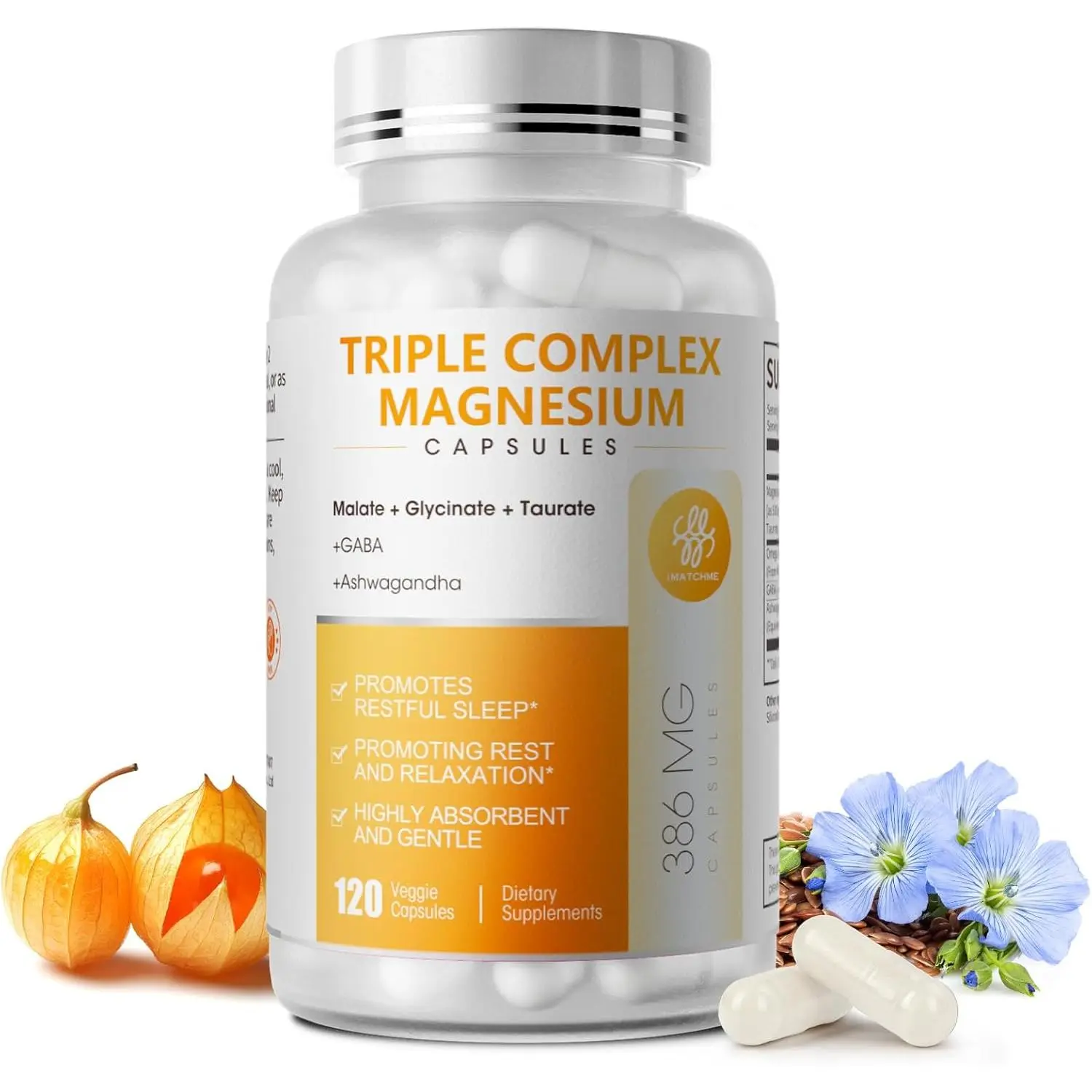 Triple Magnesium Complex - Magnesium Glycinate, Taurate & Malate Supplement with Omega3, Ashwagandha, GABA for Sleep, Brain Heart & Muscle Support - High Absorption and Gentle, Vegan, 120 Capsules