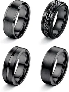Stainless Steel Rings for Mens Wedding Band Silver Black Fidget Ring Anxiety Relief Simple Engagement Promise Wedding Rings for Men and Women Stacking Ring Set