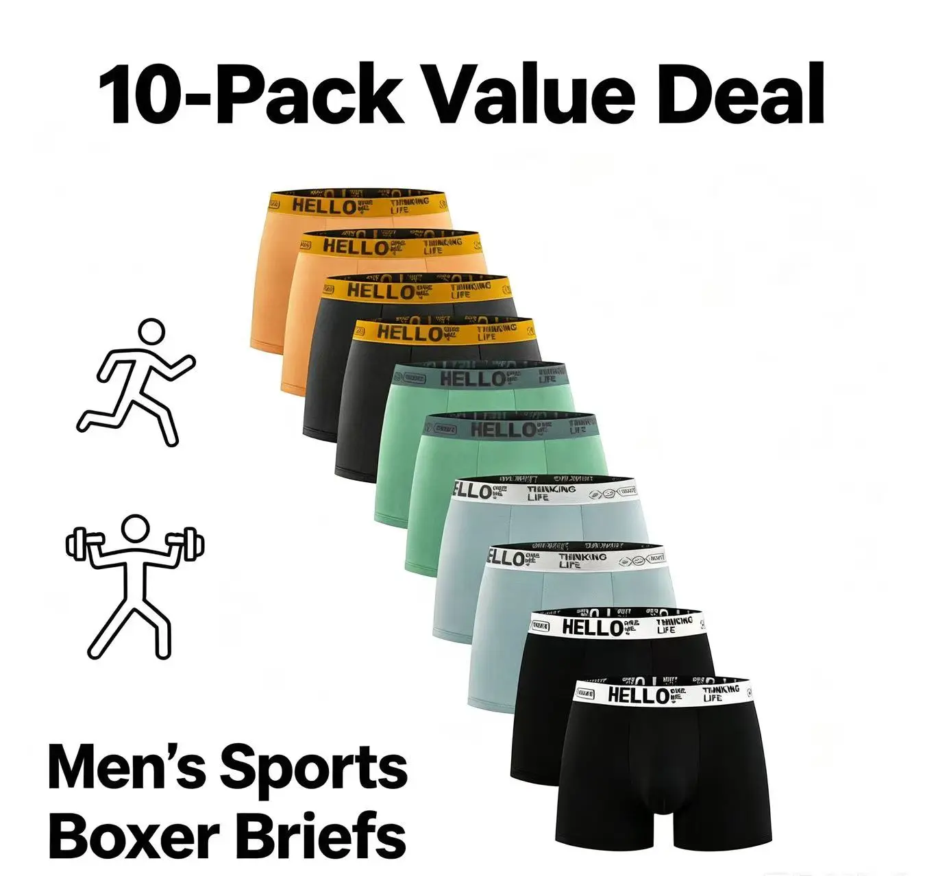 10-Pack Men’s Boxer Briefs with Lettered Tape – Soft, Comfortable, Breathable Underwear for Everyday Wear, Full Coverage, Casual Men’s Underwear for All Seasons