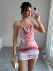 Women’s Tie Dye Floral Mini Dress - Sexy Halter Mesh Draped Neck Party Dress Women Summer, mesh party dress women, sexy summer dress women, draped neck mini dress women, vacation party outfit women