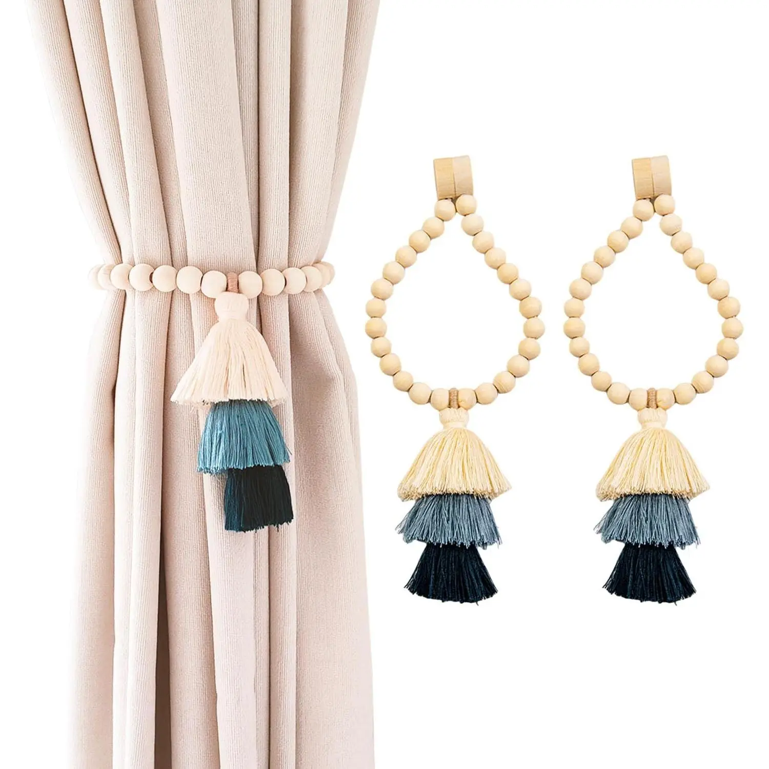 2 count Wooden Bead Curtain tiebacks, Tassel Curtain Clasp  Curtain Clasp, Curtain tiebacks no Hole Punching Decorative (Blue)