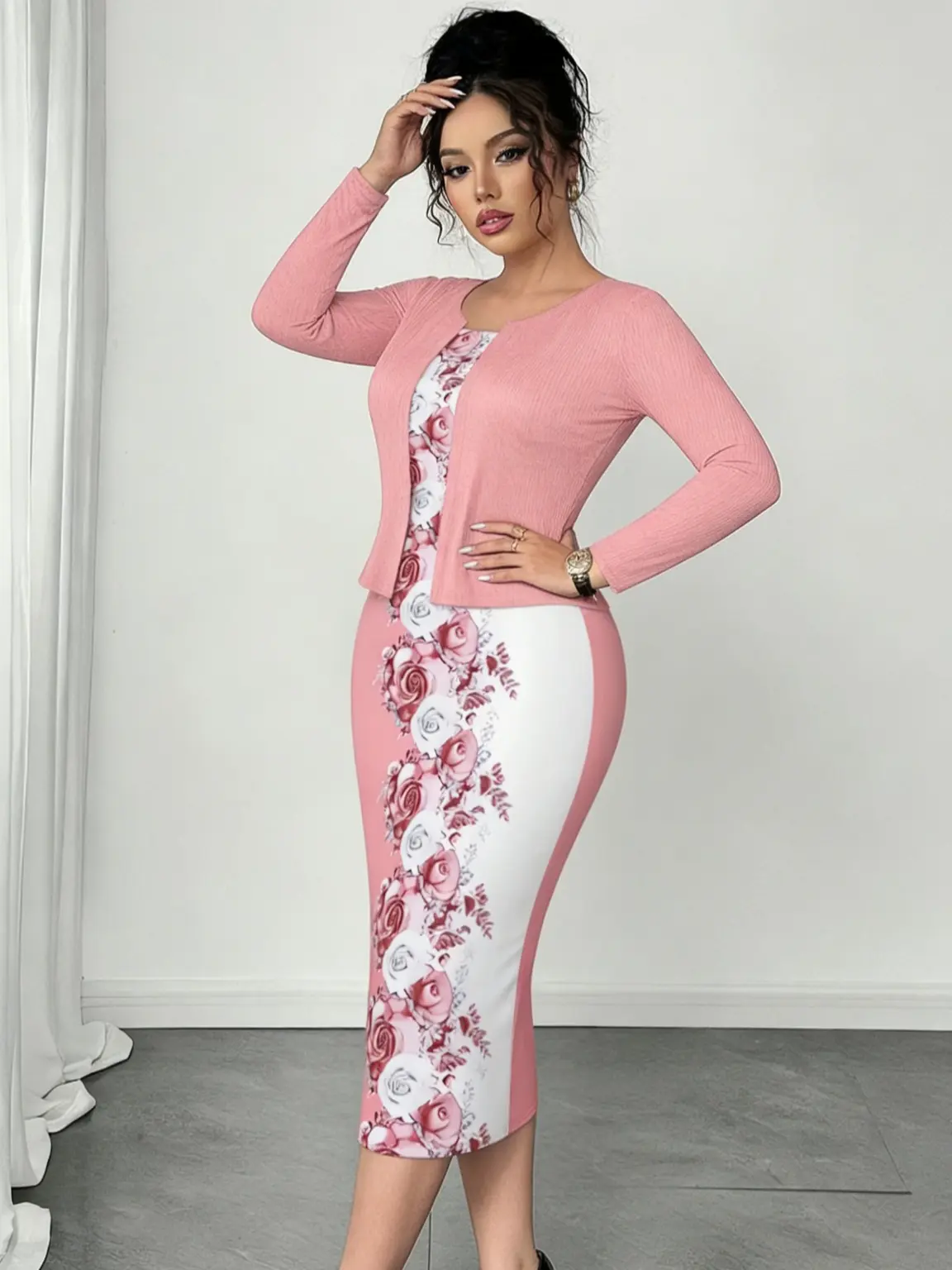 knee length dresses for ladies Ribbed Cardigan & Cami Midi Bodycon Dress, White / S main image 0