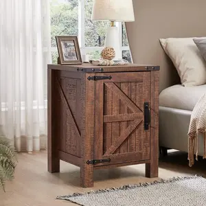 OKD Nightstand w/Charging Station, 18 Inch Farmhouse End Table w/Barn Door and Adjustable Storage Shelf, Rustic Wood Sofa Side Table w/Magnetic Door for Living Room, Bedroom, Reclaimed Barnwood Color