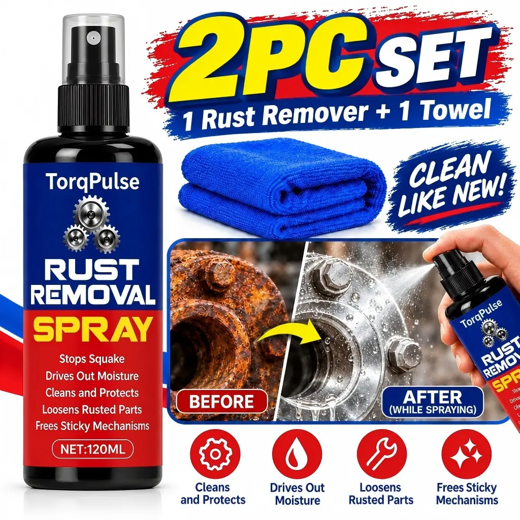 [TorqPulse]2PC Rust Removal Spray For Car, 120ML Fast Acting Rust Remover For Metal Car With Microfiber Towel, Loosen Rusted Bolt&Hub, Drives Out Moisture, Cleans & Protects For Auto, Hardware, Bicycle Metal Surfaces, The Best Gift For Car Enthusiast