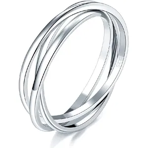 925 Sterling Silver Ring, 14K Gold Plated Waterproof Fidget Anxiety Ring, Triple Row Rolling Interlocking Stacking High Polish Band for Women, Men| Each Band Width 1.8mm 3mm Size 4-12