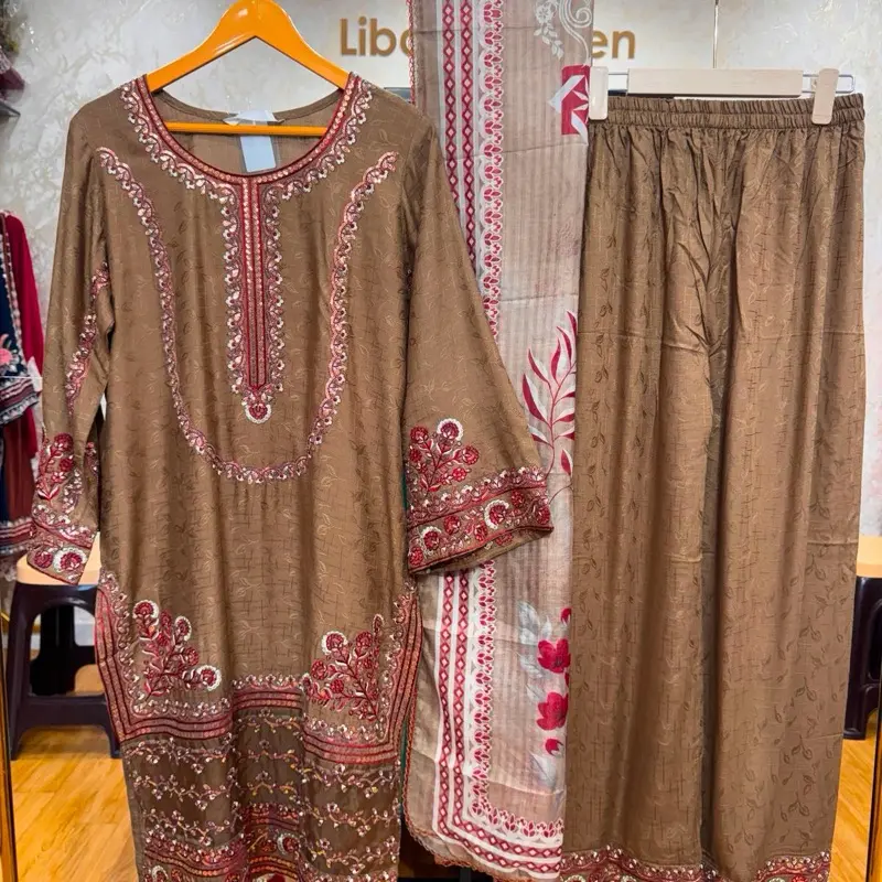 New 3-Piece Pakistani Designer Pants & Top Set - Brown, Heavy Red Sequined Embroidery, Printed Kurta & Dupatta