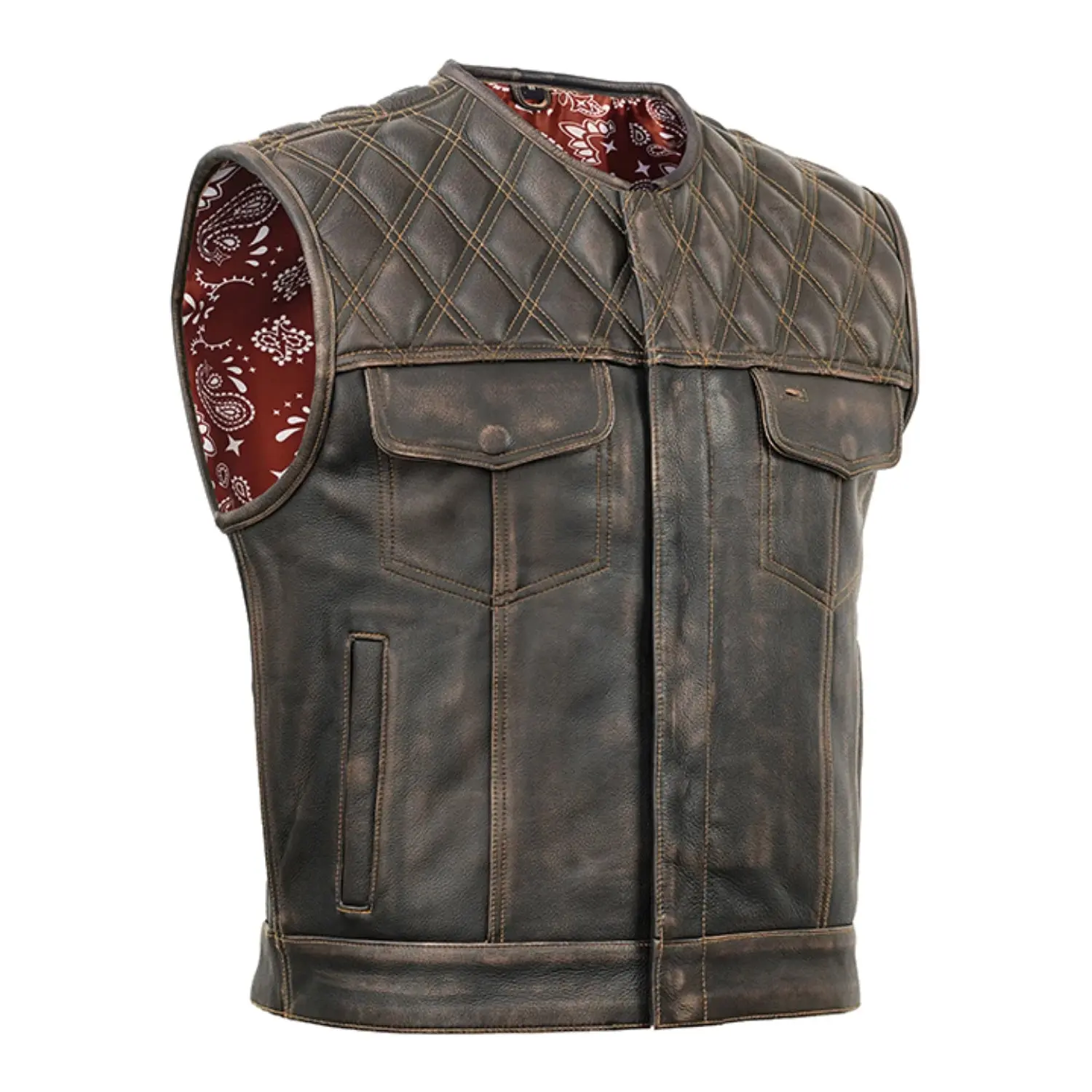 DANIEL SMART Fitted Lowcut Men's Harley Knight Motorcycle Protective Leather Vest - Heavy-Duty Thread, Zip, Patch-Ready Back, Quilted Detailing Biker Waistcoat for Automotive & Motorcycle Riding