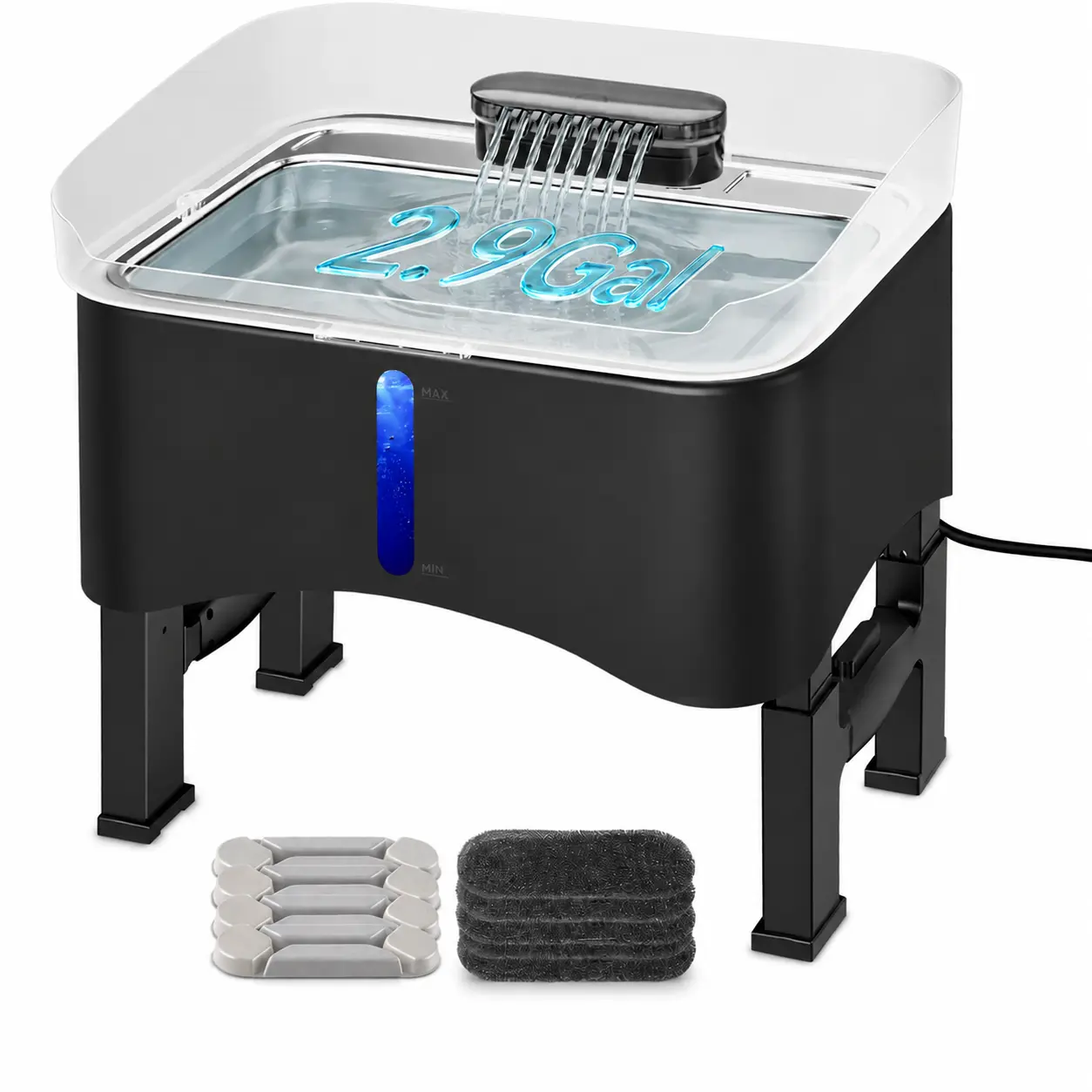 UPSKY 11L Elevated No-Spill Dog Water Fountain, 4 Heights Adjustable, 304 Stainless Steel Tray with Anti-Clog Pump & 4 Filters for Senior Dogs, All Dog Sizes & Multi-Pet Home,Black