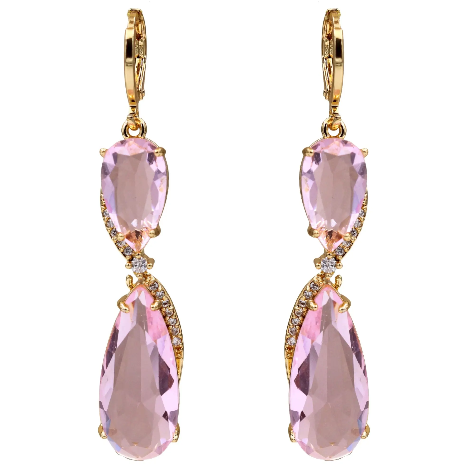 18K Gold Plated Big Pink Topaz Waterdrop Teardrop Swirl Symmetrical Long Dangle Earrings Hypoallergenic Cubic Zirconia Lightweight Party Jewelry for Women Gifts